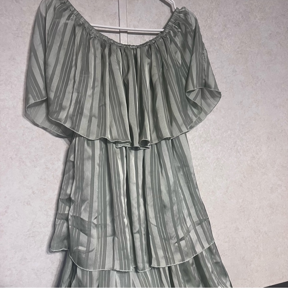 Blue Buttercup Sage & Cream Striped Plissé Tiered Ruffle Maxi Dress Fairy